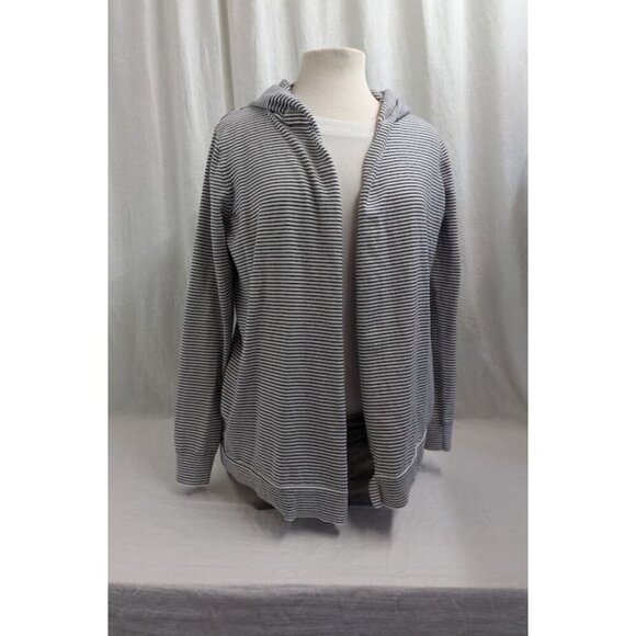 Loft Women Sz Medium Black White Cardigan Sweater Hooded Striped Thin Knit J12 - Picture 1 of 7